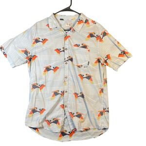Billabong Mens Blue Pelican Print Stripe Short Sleeve Button Up Shirt Size Large